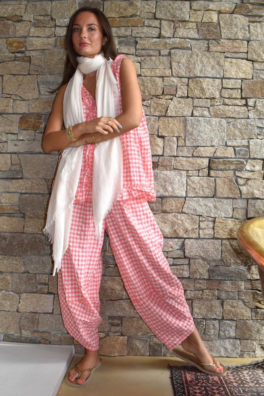 Nonni Gingham Ruffle Front Tank Sherbet Coral